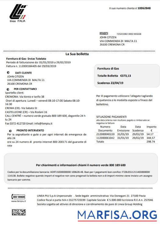 Realistic Italy Linea Italia utility bill template in Word and PDF format